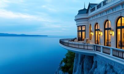 Naklejka premium Luxury mansion on a cliff overlooking the calm sea at dusk