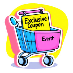Shopping cart with exclusive coupon for event promotion.,transparent background