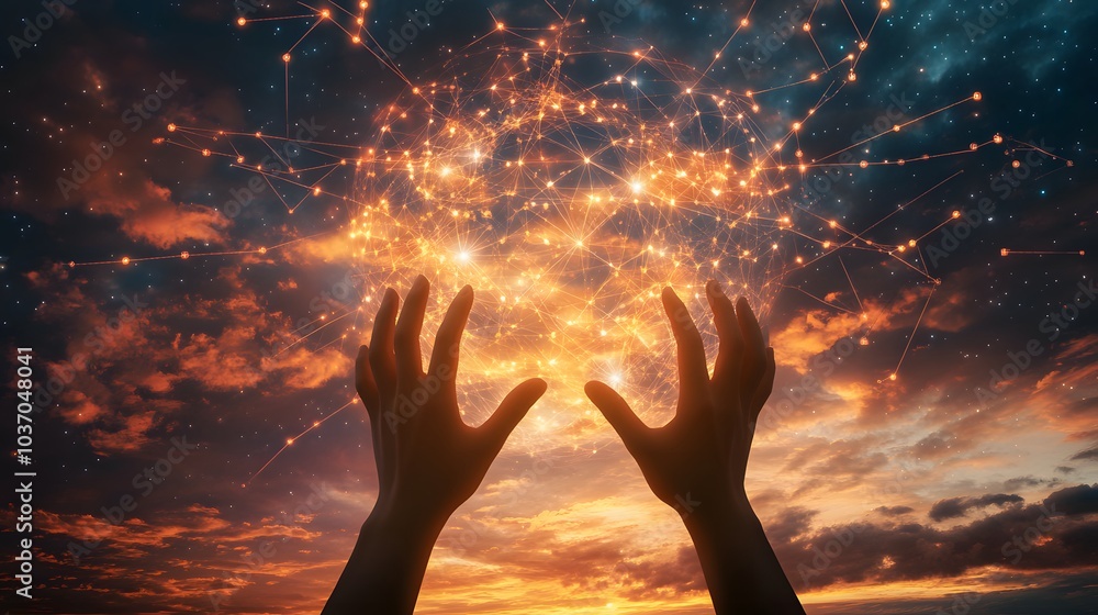 Poster abstract science, hands touching earth and circle global network connection communication on sunset 