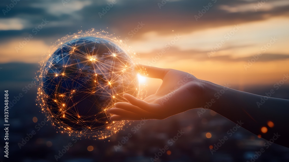 Poster abstract science, hands touching earth and circle global network connection communication on sunset 