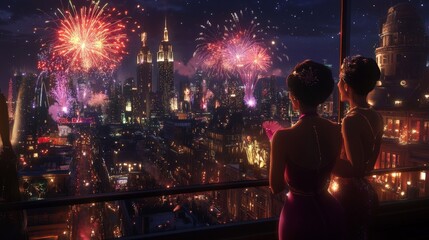 New Year's Eve Celebration: Two Elegant Figures Admire Spectacular Fireworks Over a Dazzling Cityscape Illuminated by Night Lights