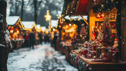 Close-up of a decorated Christmas market stall with glowing lights and wrapped gifts in the snow.