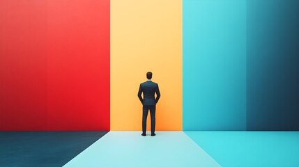 Obraz premium Businessman Standing Between Three Walls Choice Decision Direction