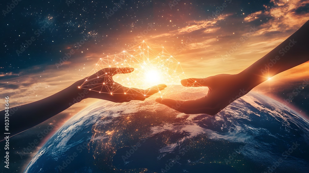Poster abstract science, hands touching earth and circle global network connection communication on sunset 