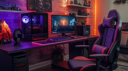 High-end gaming setup featuring a 3D-rendered desk with PC tower, LED lighting strips, and a comfortable chair with lumbar support