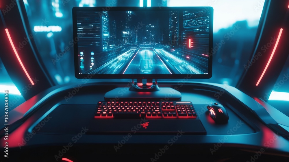 Poster high-performance gaming desk setup with a mechanical keyboard, gaming mouse, and large screen on a f