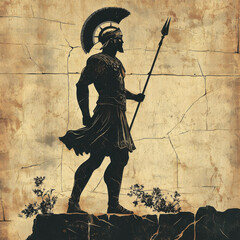 powerful warrior stands tall, adorned in ancient armor, holding spear, symbolizing strength and bravery. backdrop evokes sense of history and valor