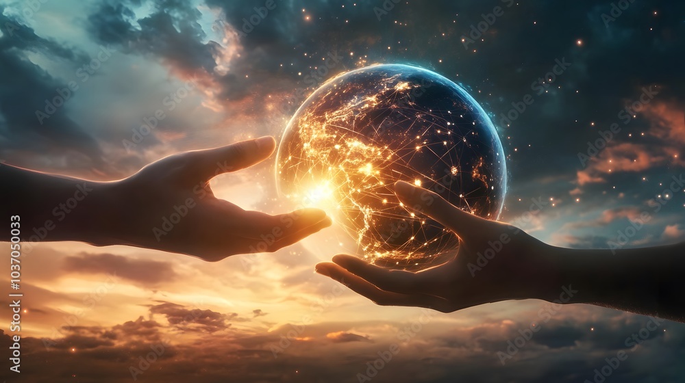 Poster abstract science, hands touching earth and circle global network connection communication on sunset 