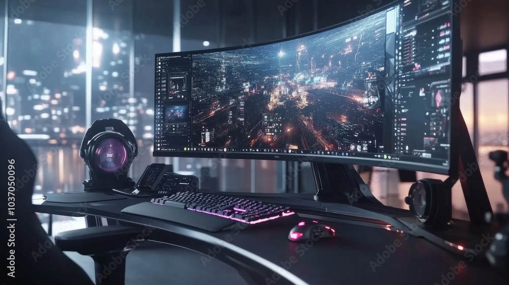 Poster high-performance gaming desk setup with a mechanical keyboard, gaming mouse, and large screen on a f