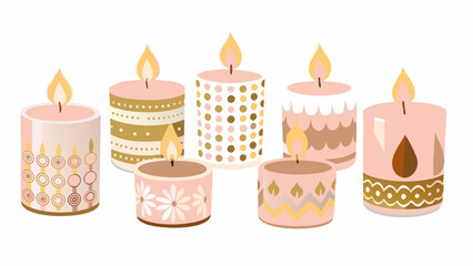 Scented wax candles. Modern aromatic decoration for cosy home interior. Decorative burning candlelight. Natural romantic decor with flame. Flat vector illustration isolated on white background


