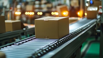 Packaging line, products being boxed, conveyor belt