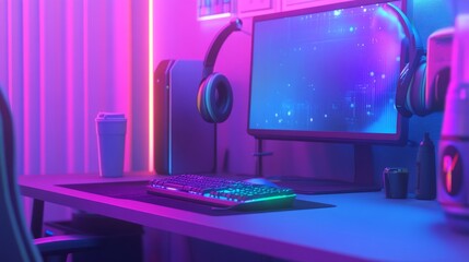 RGB-lit gaming station in 3D render with headphones resting on a stand, beverage on the side, and dual screens
