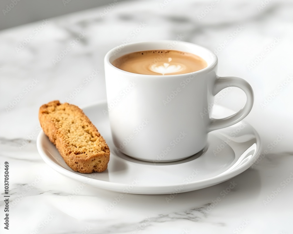 Wall mural Espresso Cup with Biscotti on Marble Countertop Representing Italian Coffee Break