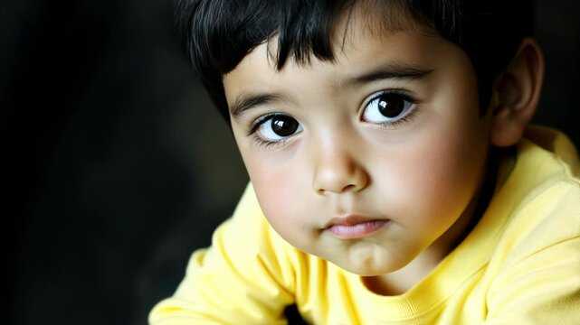Studio closeup portrait of a pensive little boy looking directly into camera. Worried child with a dramatic face expression gazing at camera. Serious young boy experiencing frustration, uncertainty.