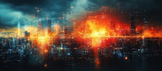 Fototapeta premium A vibrant cityscape with fiery hues, depicting a futuristic urban environment.