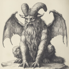 mythical creature with large horns and bat like wings sits majestically, exuding aura of power and mystery. Its detailed fur and intense gaze create captivating presence