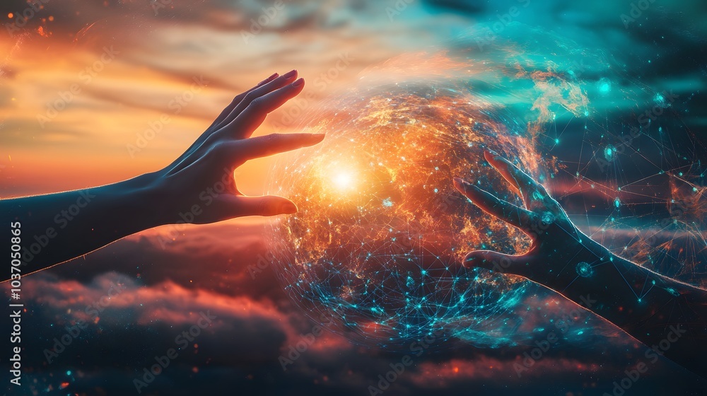 Poster abstract science, hands touching earth and circle global network connection communication on sunset 