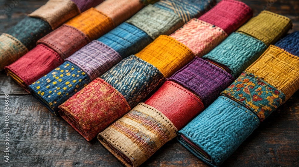 Aufkleber a vibrant display of folded textiles showcasing various colors and patterns.