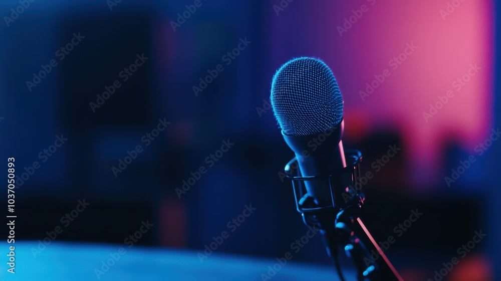 Poster a windscreen-covered lavalier microphone attached to a table, ready for recording an interview in an