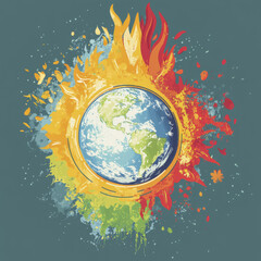 vibrant illustration depicts stylized Earth surrounded by flames and colorful splashes, symbolizing urgent theme of climate change and environmental awareness