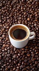 Fototapeta premium Freshly Brewed Coffee Aroma Emanating from a Cup Surrounded by Rich Roasted Coffee Beans