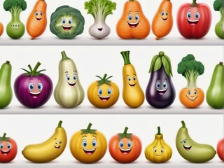 funny cartoon characters smiling, vegetables on shelves, vector illustration, front view