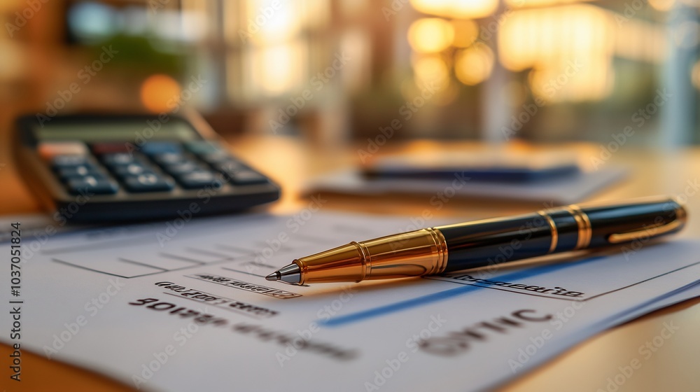 Poster closeup of a signed lease agreement with financial documents and a calculator on a polished desk sho
