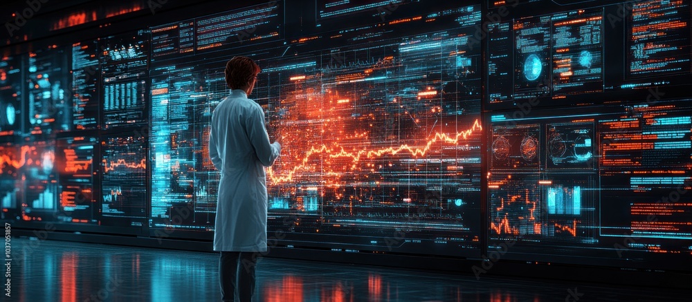 Poster a scientist stands in front of a wall of digital screens displaying data and charts.