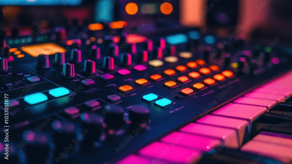 Poster an artistic shot of a midi controller with colored pads and knobs, set in a dimly lit studio with cr