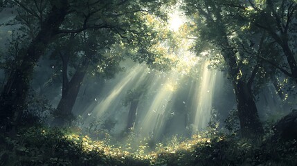 Obraz premium An enchanted forest canopy with beams of light piercing through the leaves