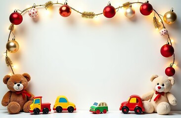 frame for text made from colourful kids toys, teddy bears, toy cars, balls, cubes, with golden garland lights, on white Christmas background, festive golden bokeh 
