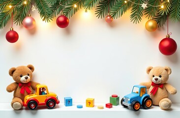 frame for text made from colourful kids toys, teddy bears, toy cars, balls, cubes, with golden garland lights, on white Christmas background, festive golden bokeh 