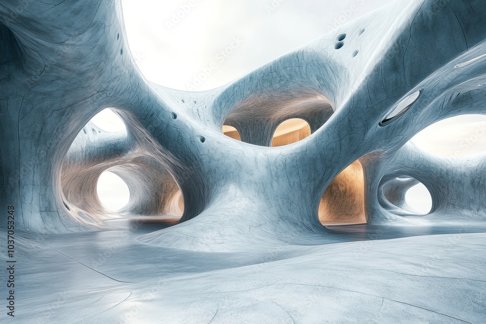 Poster abstract futuristic architecture with smooth, flowing concrete walls and rounded openings.