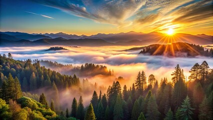Naklejka premium Golden Dawn Illuminates a Sea of Clouds, Casting Long Shadows on a Dense Forest Below