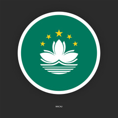 Macau circle flag icon with shadow on dark background. Macau  button icon with white border isolated dark grey background	