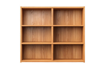 Wooden shelf with six compartments on a white isolated background.