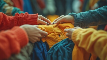 Obraz premium Community charity event with people holding and arranging donated clothes emphasizing social care and organization