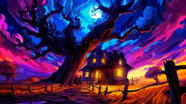 halloween scene with old house, bats and moon