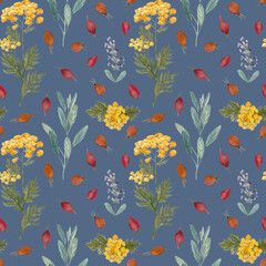 Sage, blue tansy, rose hip seamless pattern on grey blue background. Hand painted watercolor. Herbal shop art for packages of an essential oil, herbal tea, infusion, wallpaper, textile, wrapping paper