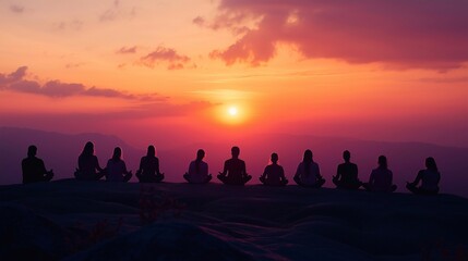 A serene sunset meditation session at a hilltop temple, with participants facing the horizon. The calm and spiritual atmosphere, symbolizing reflection, mindfulness, and connection to nature