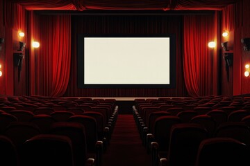 Fototapeta premium A classic movie theater with red curtains and empty seats, ready for the next film screening