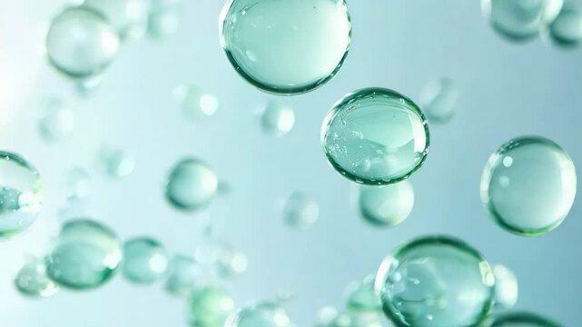 A close-up bubbles in cosmetic liquid floating on plain background. Hyaluronic acid. Crystal clear light green/mint color. Reflective liquid surface. Underwater air bubbles.
