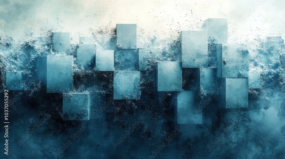 Poster abstract background with blue squares and a cloud of particles.