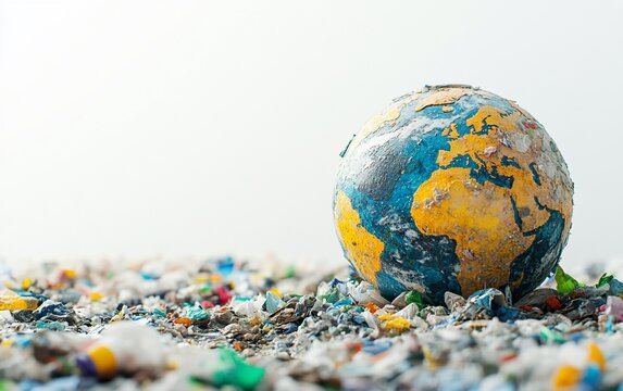 A globe sits on a pile of plastic waste, representing the environmental impact of pollution.