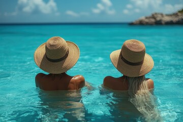 Two friends enjoying a refreshing swim in the clear blue sea under a sunny sky
