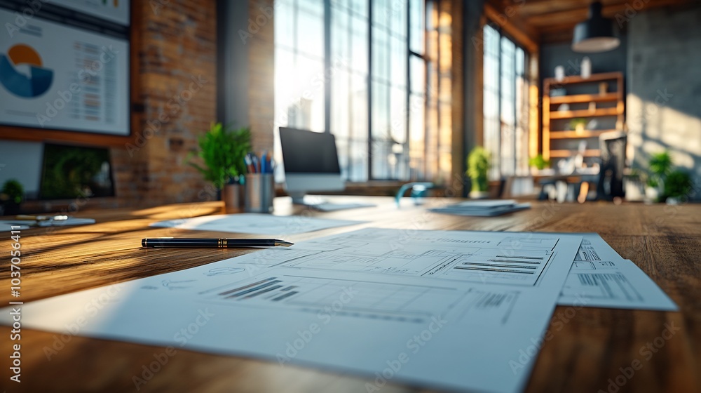 Poster conceptual illustration of a construction contract with blueprints and financial charts on the table