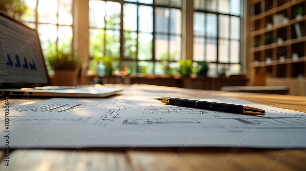 Poster conceptual illustration of a construction contract with blueprints and financial charts on the table