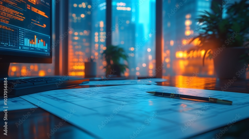 Poster conceptual illustration of a construction contract with blueprints and financial charts on the table