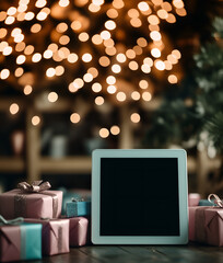 empty tablet display and festive christmas decoration with gift boxes on glossy background