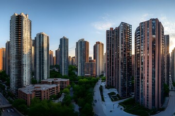 An aerial view of a dense city skyline with towering buildings and greenery below.